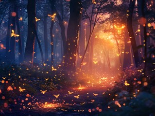 A forest with fireflies flying around. The fireflies are glowing in the dark and the scene is peaceful and serene - obrazy, fototapety, plakaty