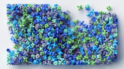 3d render, abstract background of assorted green blue particles, plastic geometric elements, childish toys