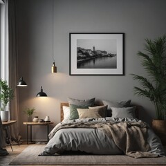 Mockup frame in bedroom interior background, 3d render