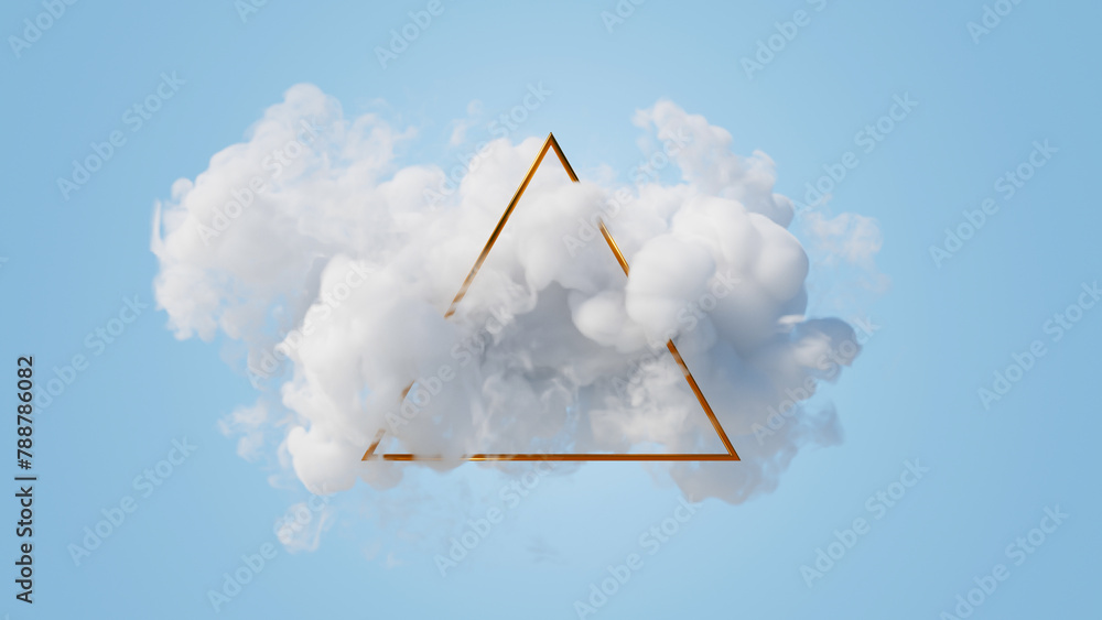 Poster 3d render, abstract geometric background of gold linear triangle inside the white cloud, floating my
