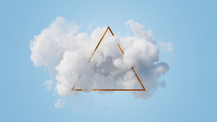 Naklejka premium 3d render, abstract geometric background of gold linear triangle inside the white cloud, floating mystic vapor, futuristic minimalist wallpaper