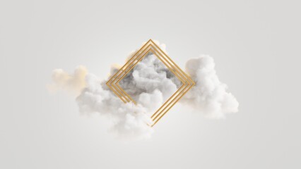3d render. Gold rhombus inside the fluffy cloud. Blank square frame. Isolated object, fashion background, modern design, abstract metaphor. Minimalist wallpaper