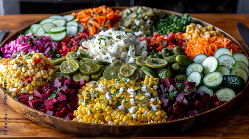 Poster a wooden platter holds an array of vegetables and diverse sauces atop it