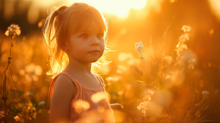 A cute and happy toddler girl is standing in wild grass in the field outside at sunset, smiling.