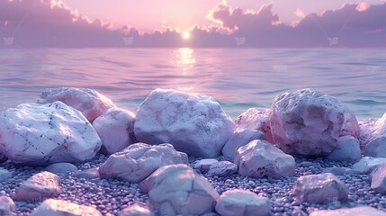 tranquility of rocks on the beach against a soft lavender sky, their solid forms and peaceful presence showcased in realistic 8k full ultra HD resolution.