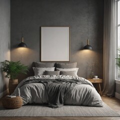 Mockup frame in bedroom interior background, 3d render