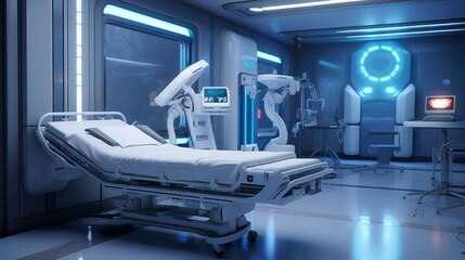 3d rendering x-ray room with medical equipment in blue tone