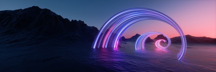 3d render. Abstract neon background. Aesthetic minimalist wallpaper. Surreal landscape. Black rocky mountains and glowing lines. Fantastic scenery of geomagnetic phenomenon, stream of energy