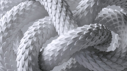3d render of a white snake skin.Tangled snake tail background. Abstract dragon scales texture