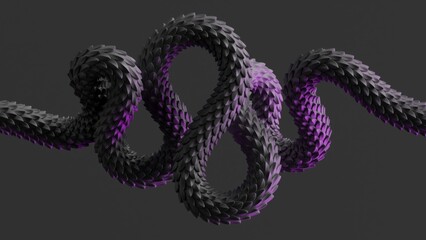 3d render. Abstract minimalist wallpaper of curvy snake skin rope illuminated with pink neon light, isolated on black background