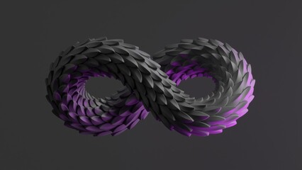 3d render of infinity symbol with black snake skin texture illuminated with pink neon light, isolated on black background. Dragon scales texture. Side violet light