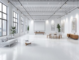 A large, empty room with white walls and a white floor. The room is decorated with white furniture and has a modern, minimalist style. There are several potted plants scattered throughout the room