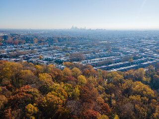 Aerial landscape of suburban multifamily homes in suburban Ardmore Philadelphia Pennsylvania