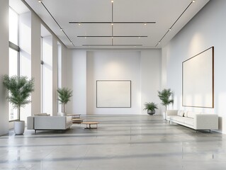 Fototapeta na wymiar A large, empty room with white walls and white furniture. The room is decorated with a few potted plants and a large white painting on the wall. The room has a minimalist and clean look