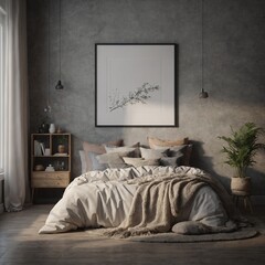 Mockup frame in bedroom interior background, 3d render - obrazy, fototapety, plakaty