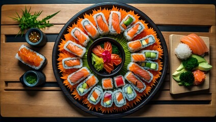 Obraz na płótnie Canvas A colorful sushi platter with a variety of fresh fish, rice, and vegetables, beautifully arranged on a wooden serving board, Japanese food concept. Generative ai