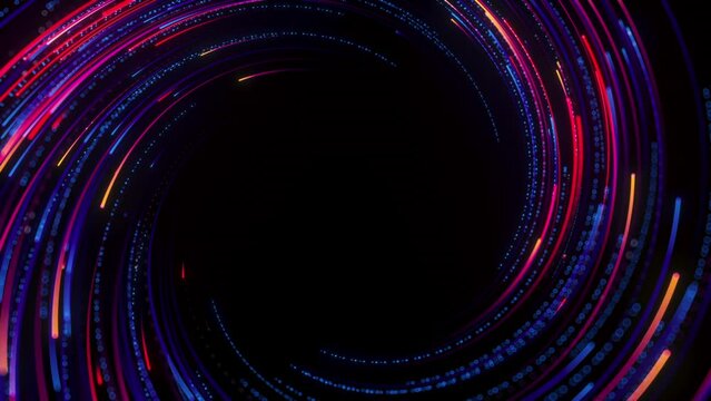 abstract animated 3d background. Glowing neon vortex of spinning lines forming a spiral. Vibrant swirl of pink blue lights and particles leaving visible trails