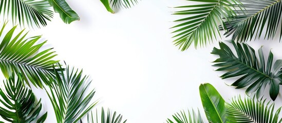 Tropical palm fronds against a white backdrop, representing the essence of summer. Flat composition from above, with empty space for text.