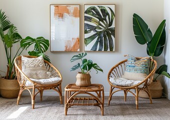 A living room with two rattan chairs, potted plants and abstract art on the wall. featuring natural materials like bamboo furniture and beige carpet. A wooden coffee table
