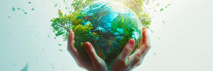 Closeup image of a child's hand holding a forest and an earth-like sphere.. - obrazy, fototapety, plakaty