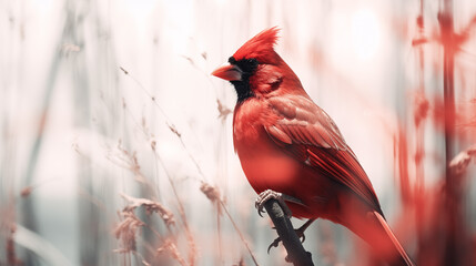 Double Exposure, side view of a bright Red Cardinal bird ~ Created using Generative AI - obrazy, fototapety, plakaty