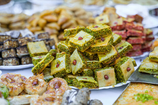Assortment of colorful Moroccan pastries close-up