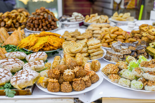 Assorted traditional Moroccan sweets and pastries display