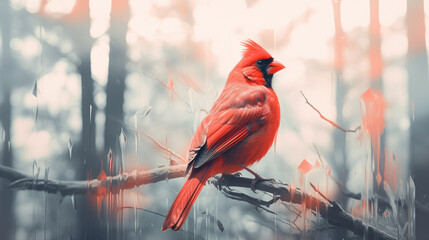 Double Exposure, white background, side view of a bright Red Cardinal ~ Created using Generative AI - obrazy, fototapety, plakaty