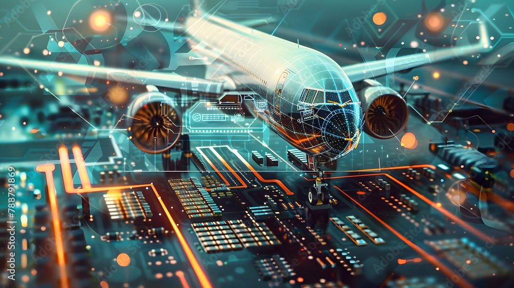 Poster concept of digital twins in aviation technology, graphic of a microchip with an airplane and futuris