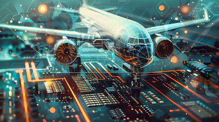 Concept of digital twins in aviation technology, graphic of a microchip with an airplane and futuristic elements - obrazy, fototapety, plakaty