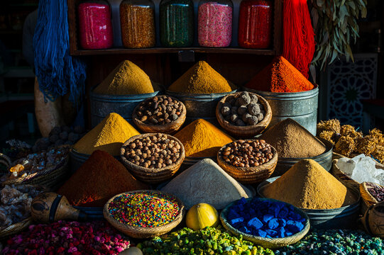 Colorful spice market display in Morocco