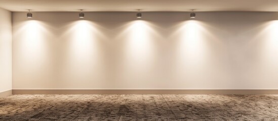 An empty white wall illuminated by two spotlights with a carpeted floor.