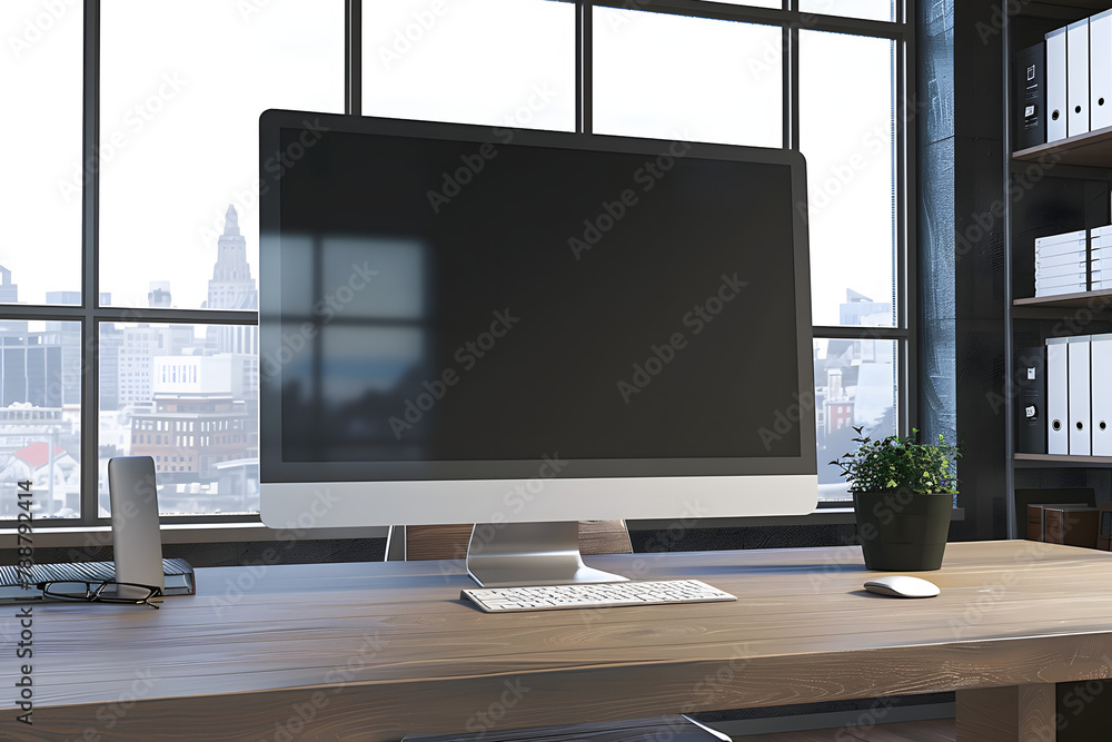 Poster close up of modern designer office workplace with empty computer monitor, window with city view and 