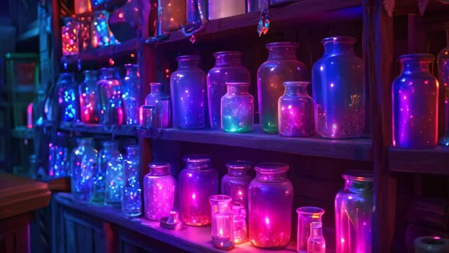 A shelf displaying a diverse collection of differently colored jars in a bright, well-lit room, Magical potion shop filled with colorful, glowing jars