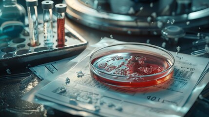 Petri dish with bacterial colonies on a laboratory table with test tubes, reflecting advanced microbiological research and medical laboratory analysis. - obrazy, fototapety, plakaty