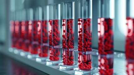 A row of test tubes filled with red spheres against a blurred laboratory background, symbolizing medical research, pharmaceutical development, and scientific analysis.