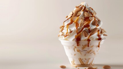 Gourmet soft serve ice cream with caramel drizzle and almond flakes in a takeout cup, isolated on a beige background with almond nuts.