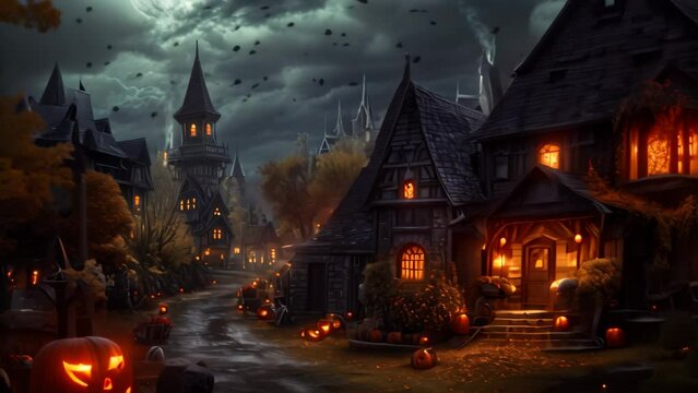 A spooky Halloween scene featuring a haunted house and eerie pumpkins, perfect for a frightful celebration, Medieval town engaged in Halloween festivities