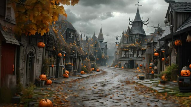 A cobblestone street lined with numerous pumpkins creating a vibrant and festive atmosphere, Medieval village decorated with Halloween decor under a gloomy sky
