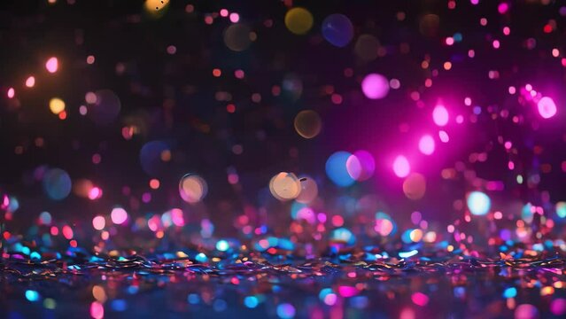 A photograph capturing a blurred view of a background featuring shades of blue and purple, Metallic confetti glimmering under disco lights