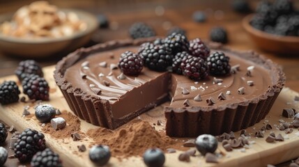   A chocolate tart, sliced, on a cutting board Surrounded by berries and nuts