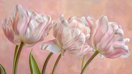 Delicate light pink tulips blooming against a soft pink backdrop