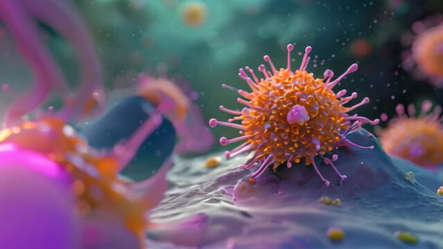 This close-up photo showcases a bunch of small orange and pink objects arranged in a vibrant and eye-catching display, Microscopic view of a virus attacking a cell