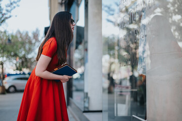 Young businesswoman in stylish red attire holding a notebook while looking at a shop window,...