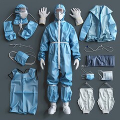 a display of medical equipment including a blue suit and gloves. - obrazy, fototapety, plakaty