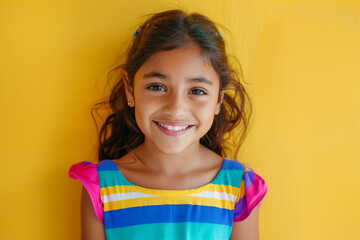 Studio portrait of a young girl wearing a colorful stripped top and standing in front of a yellow backdrop. Big smile and a happy expression