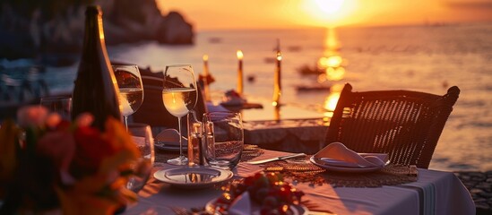romantic table on the beach at sunset - 788794228