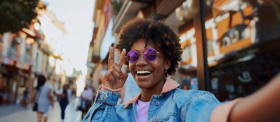 afro woman on the street smiling with victory sign - 788794255