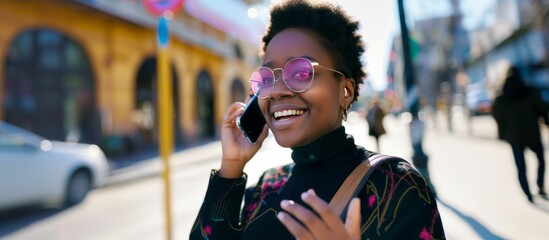afro woman talking on mobile phone on the street smiling - 788794265