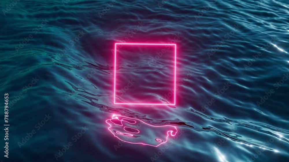 Canvas Prints looping 3d video. abstract animation of a pink neon square frame glowing over the dark blue ocean su